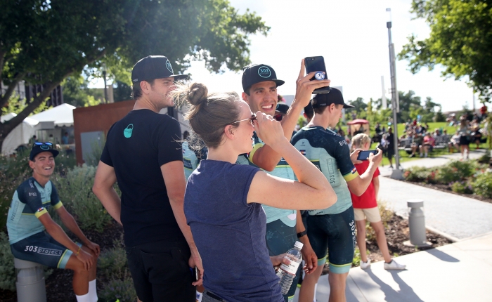 303 Project rider sharing the start of his Tour of Utah experience on Insta Story. 2018 Tour of Utah Team Presentation, August 4, 2018, Cedar City, Utah. Photo by Cathy Fegan-Kim, cottonsoxphotography.net