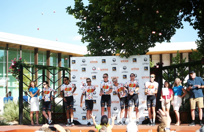 Making it rain with Jelly Belly - the team is always a Team Presenation favorite.  2018 Tour of Utah Team Presentation, August 4, 2018, Cedar City, Utah. Photo by Cathy Fegan-Kim, cottonsoxphotography.net