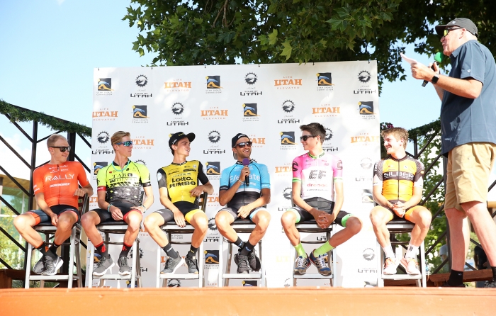 Rider interviews at the 2018 Tour of Utah Team Presentation, August 4, 2018, Cedar City, Utah. Photo by Cathy Fegan-Kim, cottonsoxphotography.net