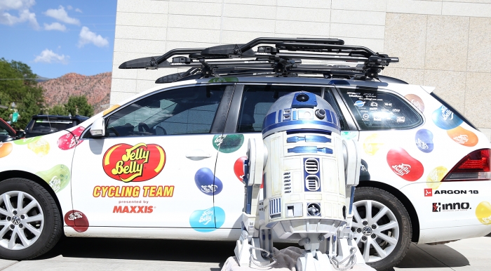 R2-D2 and the Jelly Belly P/B Maxxis team car.  2018 Tour of Utah Team Presentation, August 4, 2018, Cedar City, Utah. Photo by Cathy Fegan-Kim, cottonsoxphotography.net