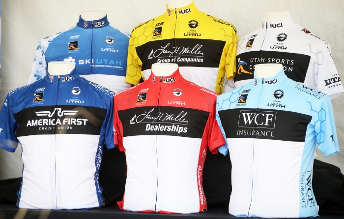 2018 Larry H. Miller Tour of Utah Leader Jerseys. 2018 Tour of Utah Team Presentation, August 4, 2018, Cedar City, Utah. Photo by Cathy Fegan-Kim, cottonsoxphotography.net