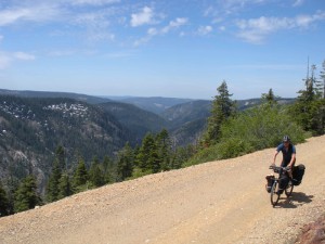 Looking down the Middle Fork of the Yuba Canyon on Henness Pass Road, past the snow.