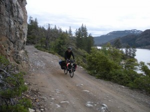 Riding along the shore of Bowman Lake.