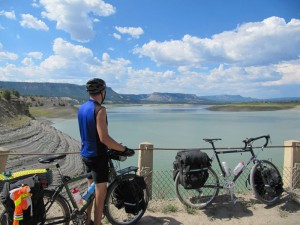 Looking out over the partially drained El Vado Reservoir from the dam.