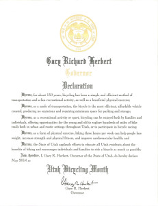 Declaration of Utah Bicycling Month by Gov. Gary Herbert