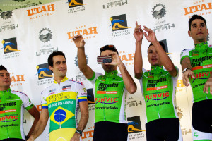 Rather than a team selfie, a racer of Funvic Brasilinvest-Sao Jose Dos Campos opts to take a video of the Cedar City fans. Photo by Cottonsoxphotography.com