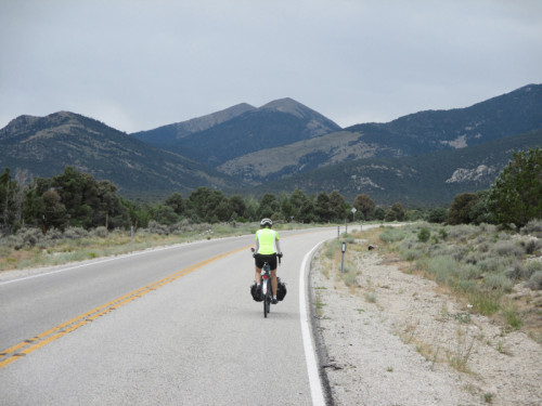 An ultra-cyclist, having crossed the entire state of Nevada, culminates the ride by climbing Wheeler Peak! Photo by Wayne Cottrell.