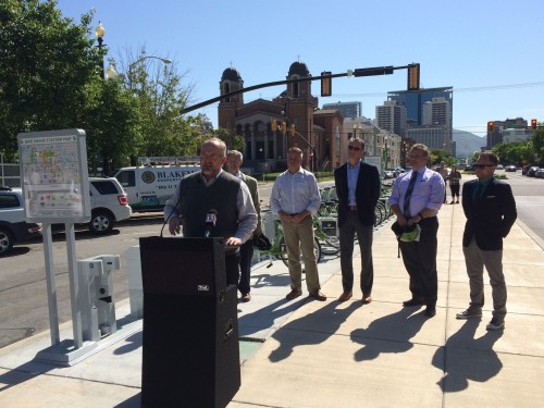 Salt Lake City Councilperson Stan Penfold speaks at the launch of the UCAIR Greenbike station at Pioneer Park on June 2, 2015. Photo by Dave Iltis