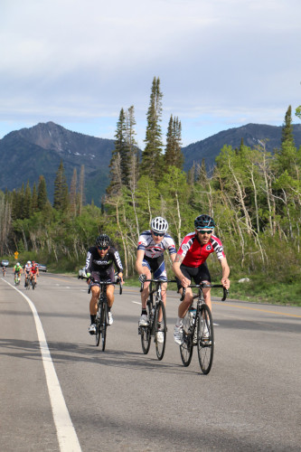 The Pro/1/2 Men's break at the Porcupine Big Cottonwood Hill Climb on June 6, 2015. Chris Mackay, race winner Mitchell Peterson, and Cameron Hoffmann dig deep. Photo by Dave Iltis.