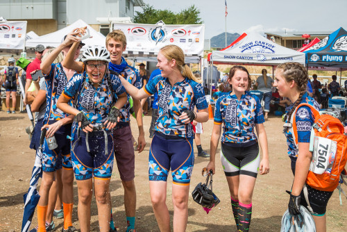 Some of the Flying Monkey Team having fun after a race: (left to right) Parker Hale, Maya Harris, Ethan Osness, Rylee Slater, Camryn Christensen, Zoe Price. Photo by Amy Osness