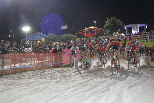 The leaders hit the sand pit in the 2015 CrossVegas World Cup in front of huge crowds. Photo by Dave Iltis