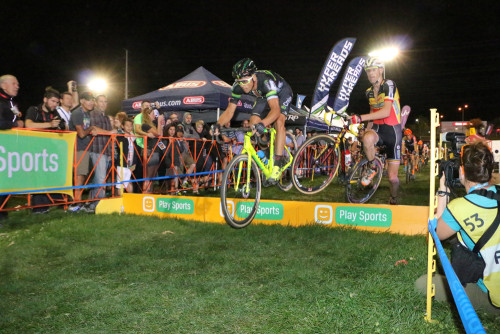 Sven Nijs bunny hops the barriers in the 2015 CrossVegas World Cup. Photo by Dave Iltis