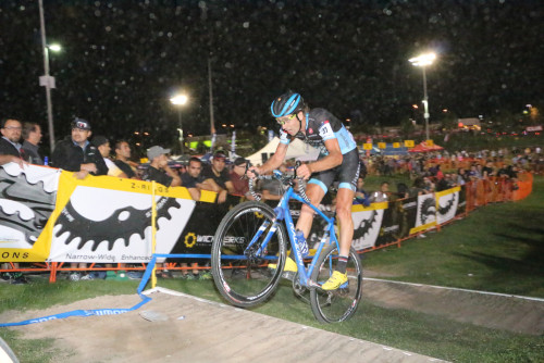 Jamey Driscoll bunny hops the sand run up in the 2015 CrossVegas World Cup. Photo by Dave Iltis