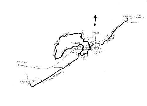 The Mesquite-Virgin Valley Cruise is a 55.6-mile out-and-back ride through Virgin Valley starting at Hunter Sports Park in Mesquite, Nevada.