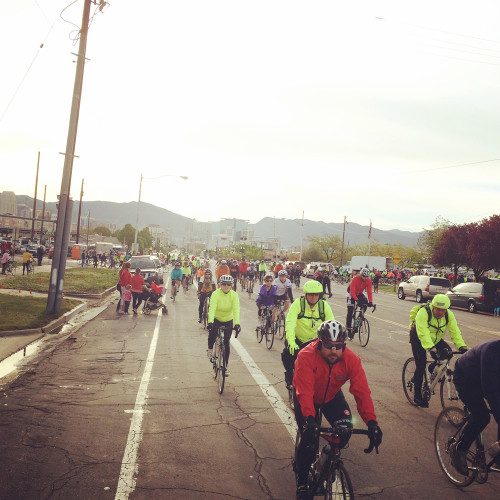 The FrontRunner Century is unique in that cyclists travel from Salt Lake to Ogden and then take the FrontRunner train back to Salt Lake. This is the start of the 2015 event.