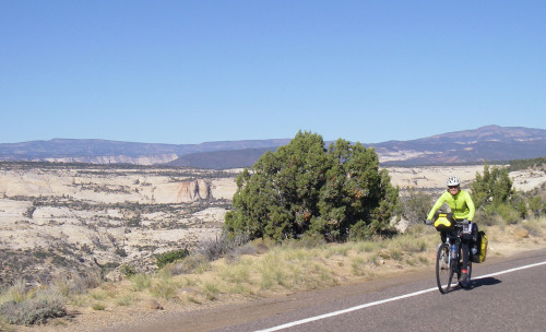 Desert slickrock, a fast road, and Boulder Mountain looming in the distance. Photo by Tom Diegel