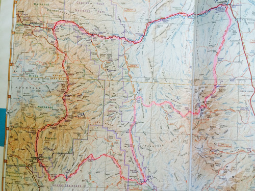 A 2.5 day tour around Capitol Reef National Park with a climb over Boulder Mountain and a stretch on the Burr Trail. Base Map courtesy of Benchmark Maps from the Utah Road & Recreation Atlas. 