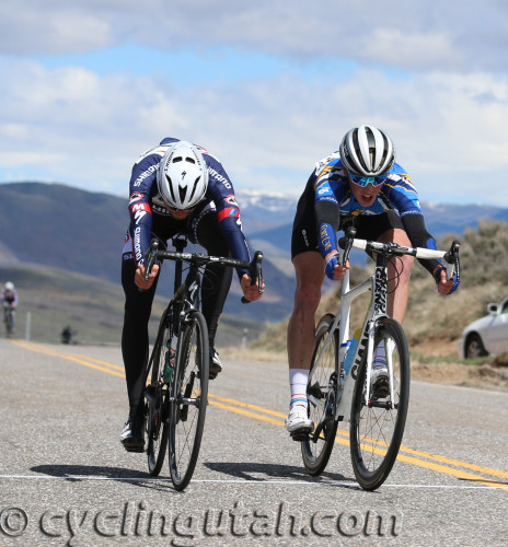 Erik Slack (left) just beat Cormac McGeough with a bike throw at the finish of the 2016 East Canyon Echo Road Race on April 16, 2016. Photo by Dave Iltis