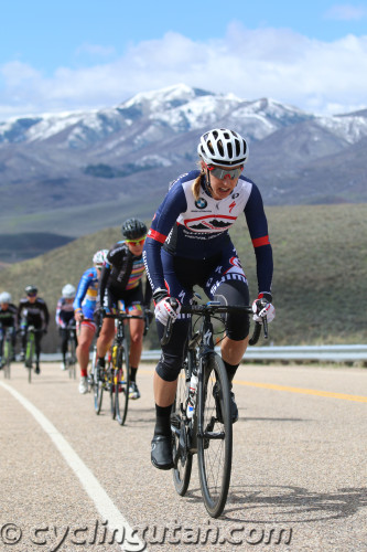 Mindy McCutcheon (Canyon Bicycles Shimano) leads Breanne Nalder (Visit Dallas DNA) at the 2016 East Canyon Echo Road Race on April 16, 2016. They are shown here near the summit of Hogsback. They finished 1-2 in the women's Pro-3 field. Photo by Dave Iltis