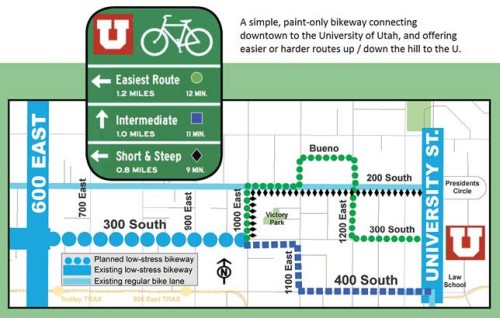 A map of potential bike routes connecting downtown Salt Lake City to the University of Utah. 