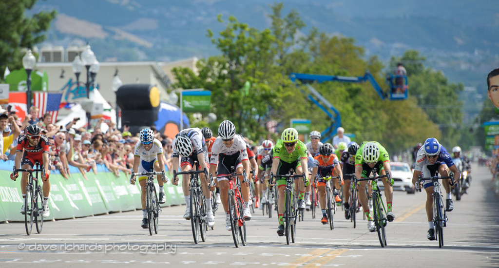 Kiel Reijnen (Trek Segafredo) takes the sprint to win Stage 5 as "Papa John" looks on, 2016 Tour of Utah. Photo by Dave Richards, daverphoto.com