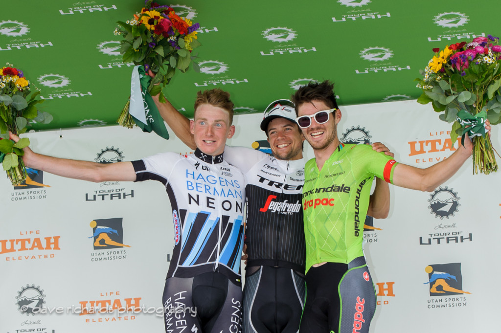 Stage 5 winners L-R: 2nd place Tao Geoghegan Hart (Axeon Hagens Berman) 1st place Kiel Riejnen (Trek Segafredo) 3rd place Alex Howes (Cannondale Drapac), 2016 Tour of Utah. Photo by Dave Richards, daverphoto.com