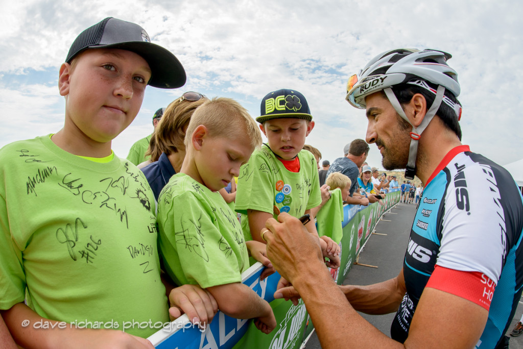 Haedo (Team Jamis) signs a young fan's t-shirt at the sign-in for Stage 5, 2016 Tour of Utah. Photo by Dave Richards, daverphoto.com