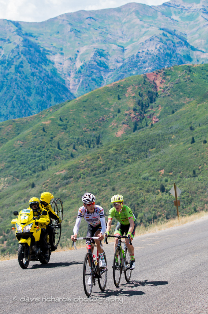 Breakaway riders Morton (Jelly Belly Maxxis) and Talansky (Cannondale Drapac) on the steep grades up Mt. Nebo, Stage 3, 2016 Tour of Utah. Photo by Dave Richards, daverphoto.com