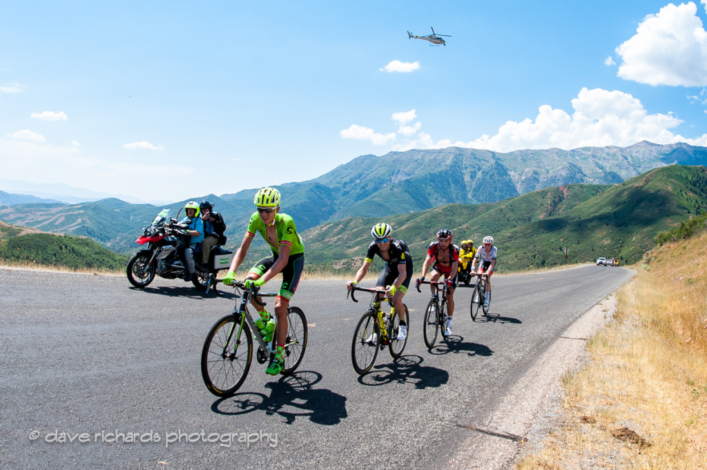 Defending Tour of Utah winner Joe Dombrowski (Cannondale Drapac) leads the chasers on the Mt. Nebo climb as the TV helicopter hovers overhead, Stage 3, 2016 Tour of Utah. Photo by Dave Richards, daverphoto.com