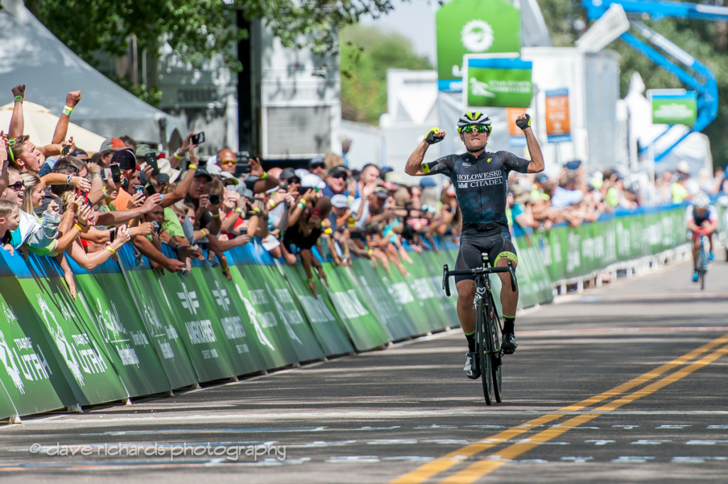 Robin Carpenter (Holowesko/Citadel Hincapie) celebrates winning after riding a long, hard fought two man breakaway, Stage 2, 2016 Tour of Utah. Photo by Dave Richards, daverphoto.com