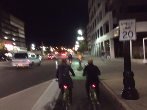 The protected bike lane on 300 S has been a cycling and retail success. Photo by Dave Iltis