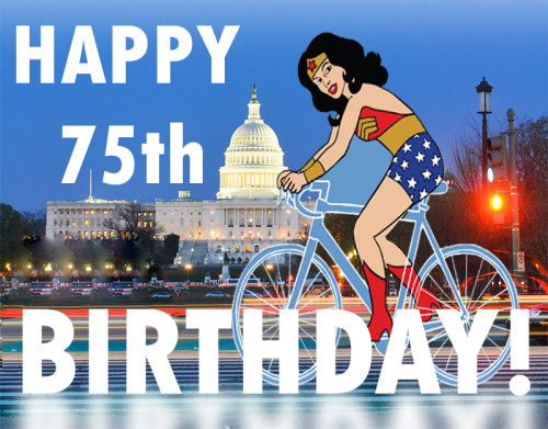 Wonder Woman on Bicycle in front of the United States Capital