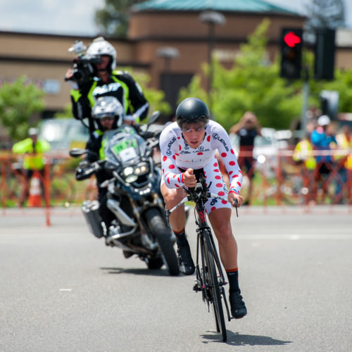 The TV moto shadows King of the Mountains leader Evan Huffman (Rally Cycling) during the Folsom Time Trial, Stage 6, 2016 Amgen Tour of California