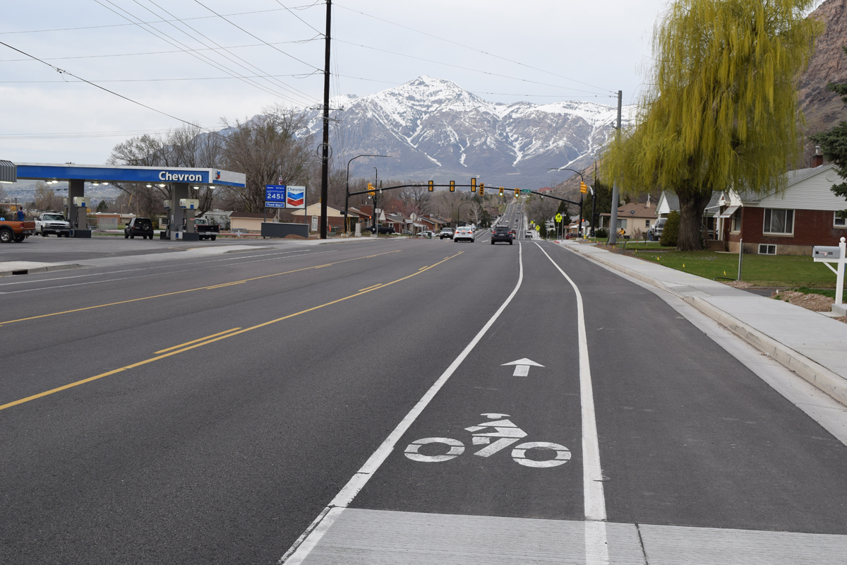 North-facing view of Harrison Boulevard with new bike lane markings and new traffic light at 2nd Street and Harrison Boulevard shown. Photo by Turner Bitton