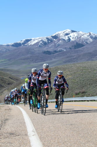 Rob Squire (center), Chad Beyer (left), and Paco Mancebo (right) lead at the front of the pack just before establishing the winning break. Beyer would go on to win the race. East Canyon Road Race, April 15, 2017. Photo by Dave Iltis