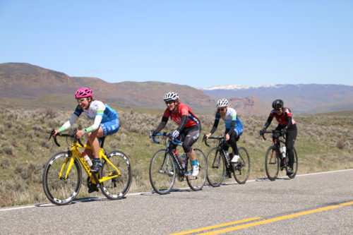 The women's master 35+ field on the backside of Hogsback in the East Canyon Road Race, April 15, 2017. Kelly Hunsaker (red jersey) went on to win the category. Photo by Dave Iltis