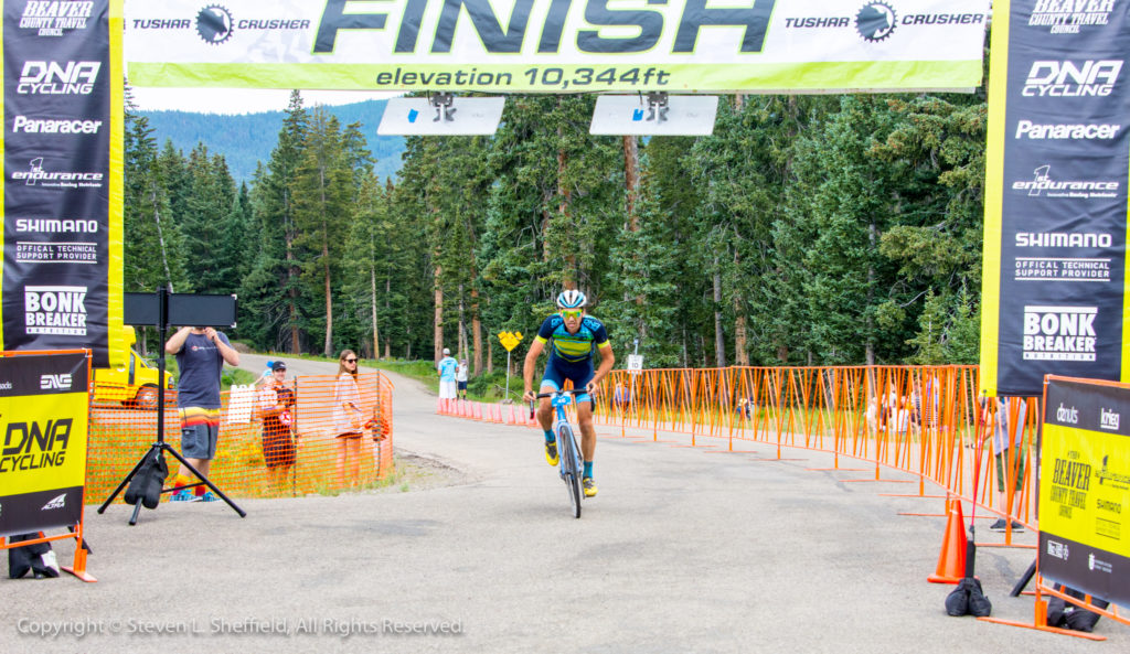 Jamey Driscoll crossing the line to take 4th in the 2017 Crusher in the Tushar. Photo by Steven Sheffield