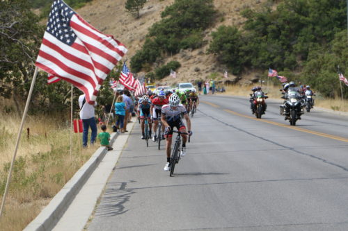 The Bountiful Bench was lined with American flags on stage 5 of the 2016 Tour of Utah. Photo by Dave Iltis