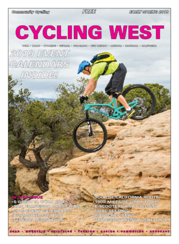 Cycling West and Cycling Utah March 2019 Cover Photo: Over the Edge Hurricane shop grom, Ren Dutton, drops in on a steep bit of Gooseberry Mesa slickrock during the 2017 Hurricane Mountain Bike Festival. Photo by John Shafer/Photo-John.net