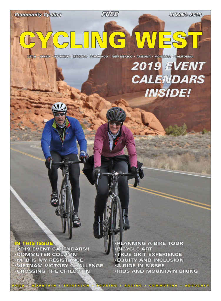 Cycling West Spring 2019 Cover Photo: Riders in Moab during the 2019 Skinny Tire Festival. Photo by Moab Action Shots, find your photo at moabactionshots.com