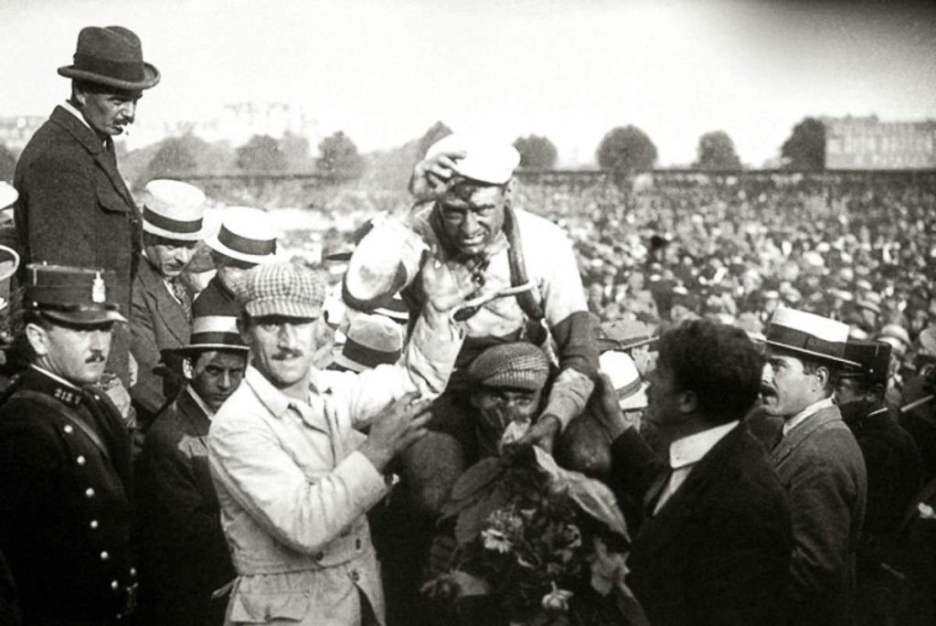 Eugène Christophe sporting the first maillot jaune, 1919 Tour de France. PC: Unknown, Public Domain