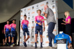 Announcer Dave Towle greets Lawson Craddock and his EF Education First teammates. Team Presentation at Snowbird, 2019 LHM Tour of Utah (Photo by Dave Richards, daverphoto