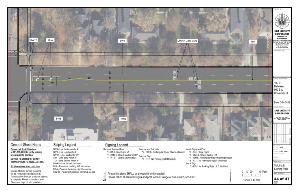 100 South Design Drawing showing wide lanes between 1100 and 1200 E, and no bike lanes or road diet.