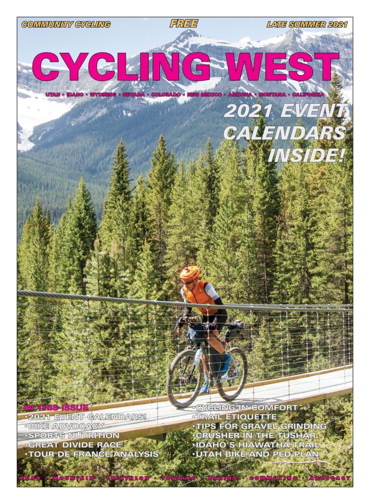 Cycling West Late Summer 2021 Cover Photo: Ty Hopkins in the 2018 Tour Divide on Blackshale Creek Suspension Bridge, on the High Rockies Trail in Kananaskis Country, Alberta, Canada. Approximately 70km from the start of the Tour Divide in Banff, Alberta. Photo by Megan Dunn, @evilmoosemegan on Instagram