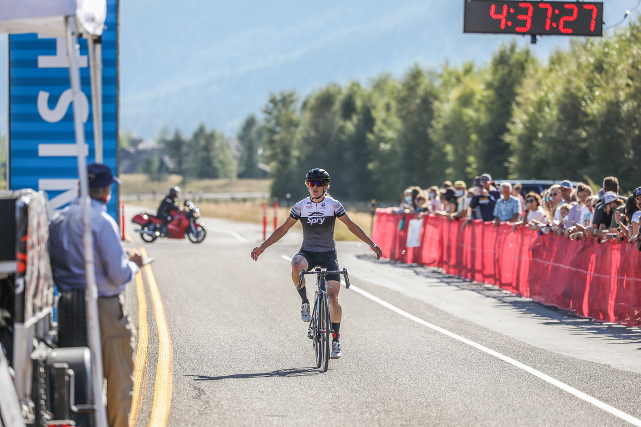 Lindsey Stevenson (Team Spry/Zone 5) crosses the finish alone at Jackson Hole Mountain Resort to win the Women’s Pro 123 title in last year’s LoToJa Classic. This year’s event is set for Sept. 11 with more than 1,500 cyclists racing 203 miles from Logan, Utah, to Wyoming’s Jackson Hole. Photo courtesy of Snake River Photos.